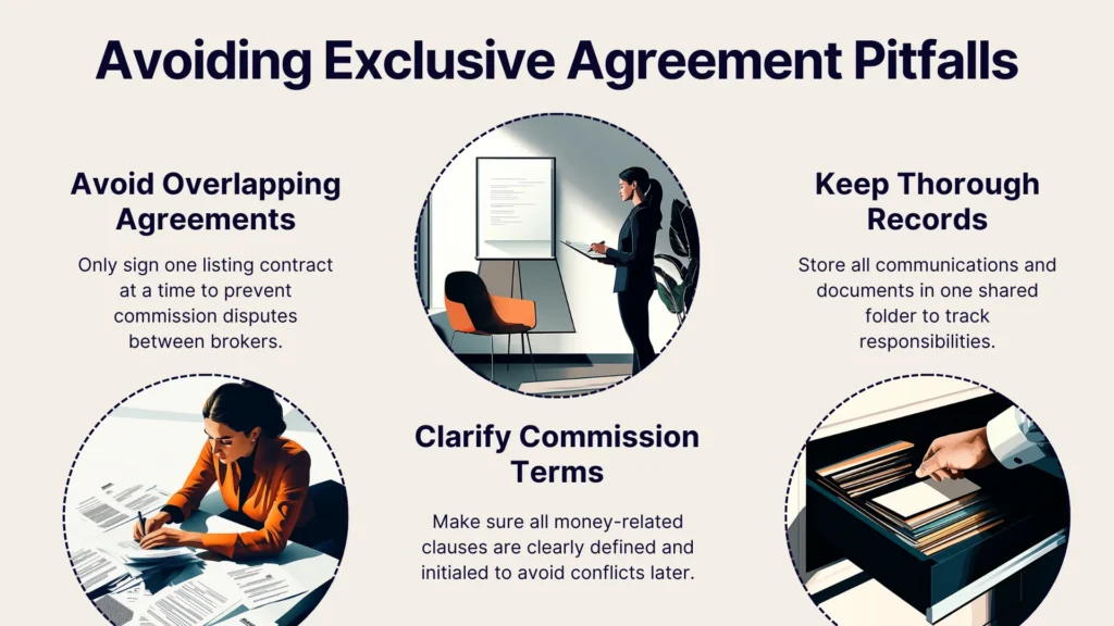 An infographic titled Avoiding Exclusive Agreement Pitfalls with three illustrated sections: avoiding overlapping agreements, clarifying commission terms, and keeping thorough records, each with a related icon and brief explanatory text.