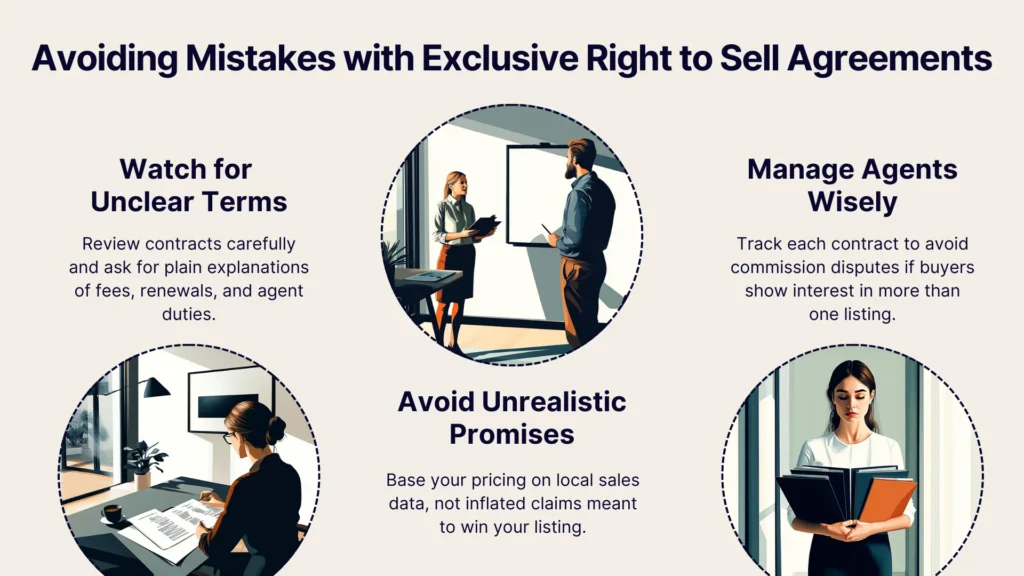 Four illustrated scenes show business professionals and advice on avoiding mistakes with exclusive right to sell agreements, including checking terms, managing agents, and avoiding unrealistic promises. Text tips accompany each scene.