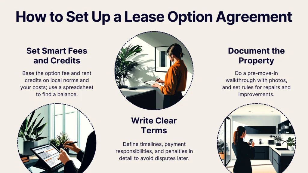 An infographic titled How to Set Up a Lease Option Agreement with illustrations of people working. It lists: Set Smart Fees and Credits, Write Clear Terms, and Document the Property, each with brief descriptions.
