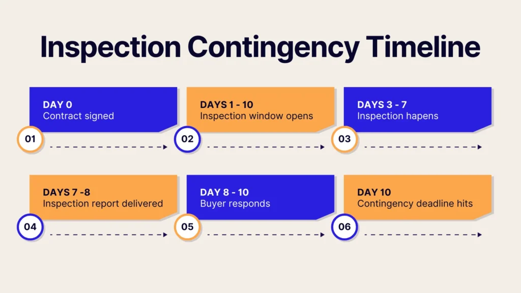 A timeline titled Inspection Contingency Timeline shows six steps: contract signed, inspection window opens, inspection happens, report delivered, buyer responds, and contingency deadline, each labeled by specific days.