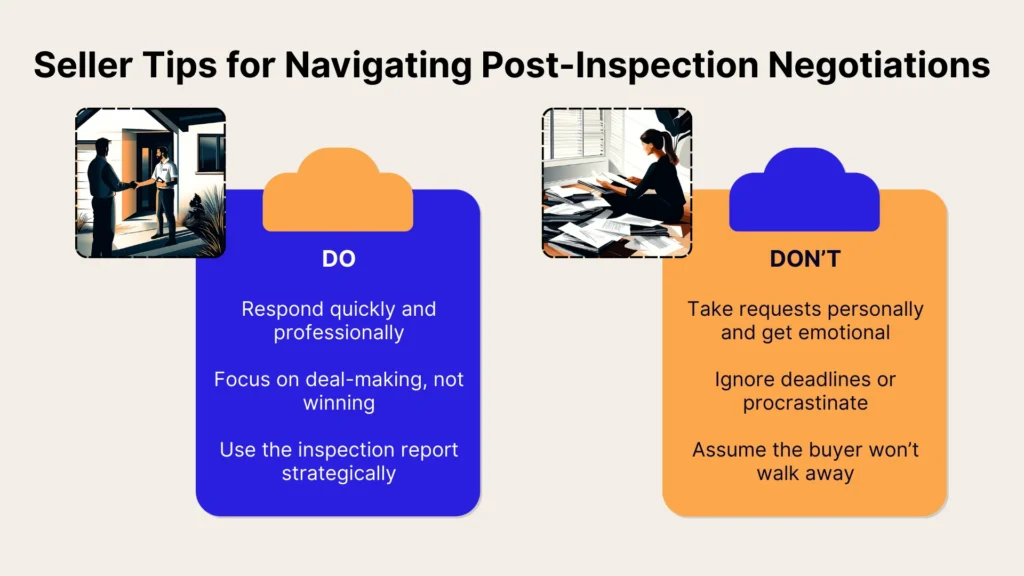 A graphic titled Seller Tips for Navigating Post-Inspection Negotiations lists DO and DONT tips on clipboard shapes, with photos of people working at desks above each list.