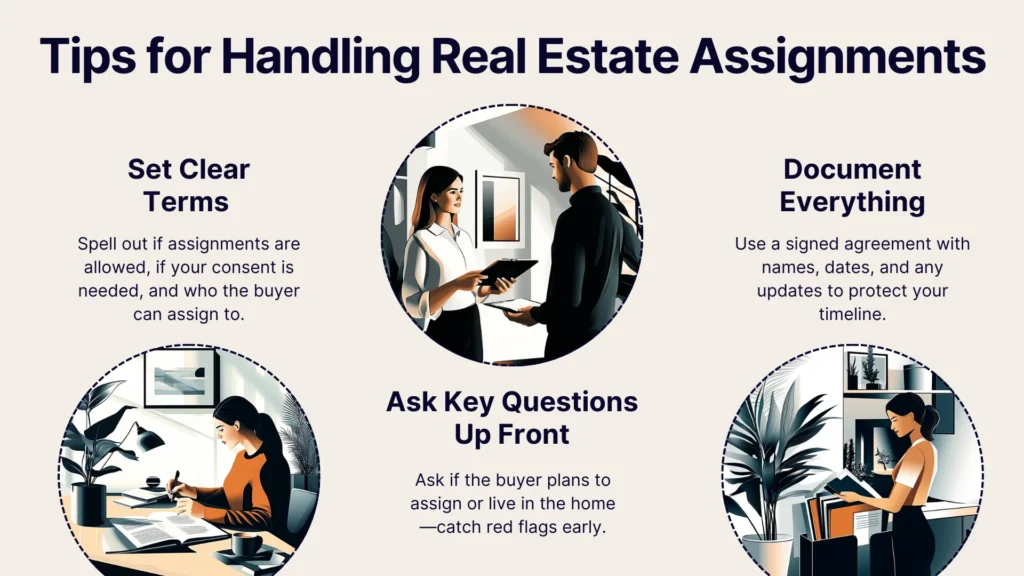 Infographic titled Tips for Handling Real Estate Assignments with three illustrations and tips: set clear terms, ask key questions up front, and document everything, each shown with people handling documents and discussions.