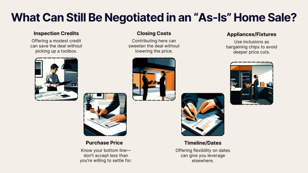 Infographic titled What Can Still Be Negotiated in an As-Is Home Sale? with five illustrated sections: Inspection Credits, Closing Costs, Appliances/Fixtures, Purchase Price, and Timeline/Dates, each with brief tips and related images.