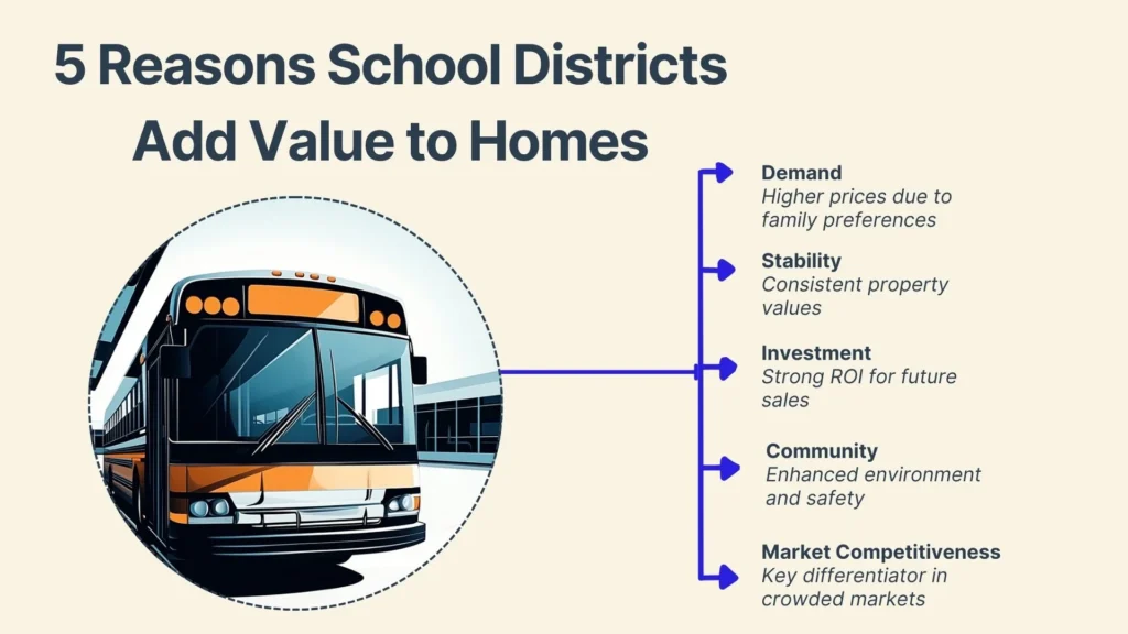 Illustration of a school bus with text: 5 Reasons School Districts Add Value to Homes. Reasons include Demand, Stability, Investment, Community, and Market Competitiveness, with brief explanations for each.