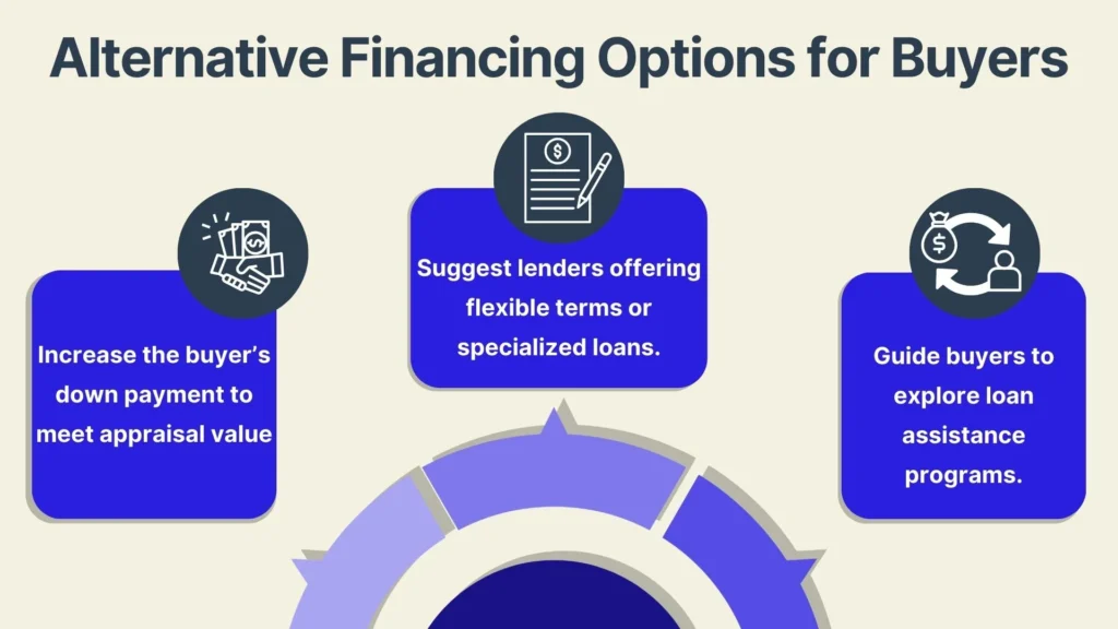 Infographic titled Alternative Financing Options for Buyers with three sections: Increase down payment, suggest flexible lenders, and guide to loan assistance programs. Each section includes an icon illustrating its concept.