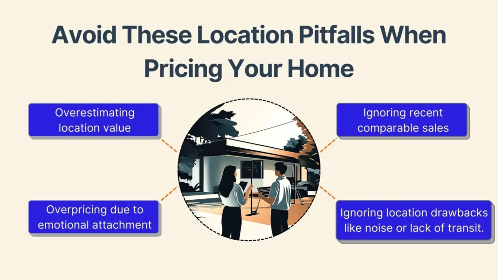 Illustration depicting two people in front of a house, surrounded by tips for pricing a home. Tips include avoiding overestimating location value, overpricing due to attachment, ignoring recent sales, and location drawbacks like noise or lack of transit.