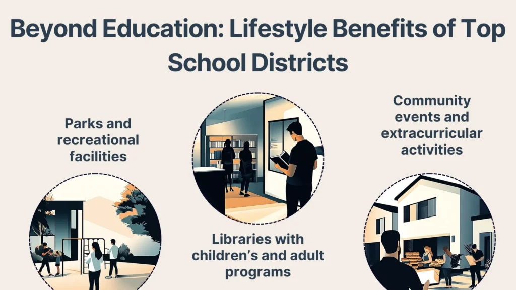 Illustration showing lifestyle benefits of top school districts: parks and facilities, libraries with programs, and community events. Each benefit is depicted with a circular image showing people engaging in related activities.