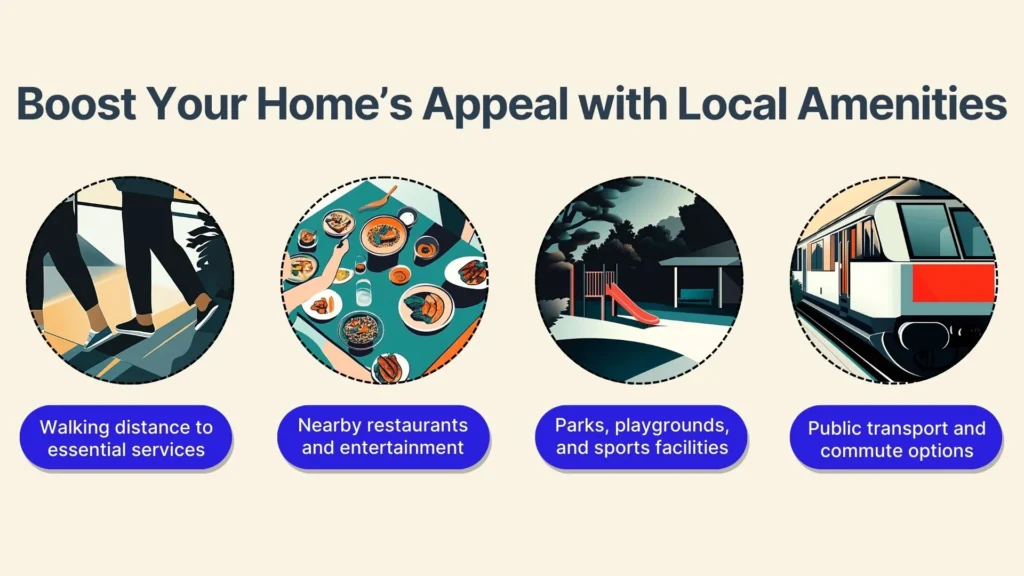 Illustration titled Boost Your Home’s Appeal with Local Amenities featuring icons for walking distance to services, nearby restaurants, parks and playgrounds, and public transport. Each icon is highlighted in a circular design.