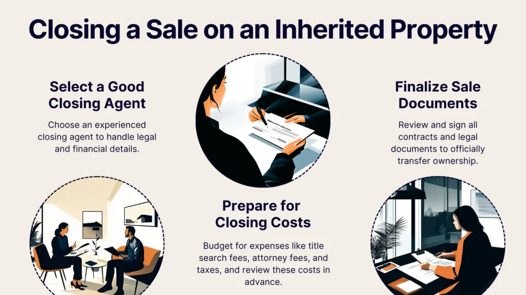 Illustration showing steps to close a sale on an inherited property: Select a closing agent, prepare for closing costs, and finalize sale documents. Each step is depicted with people in office settings handling paperwork and discussing legal matters.
