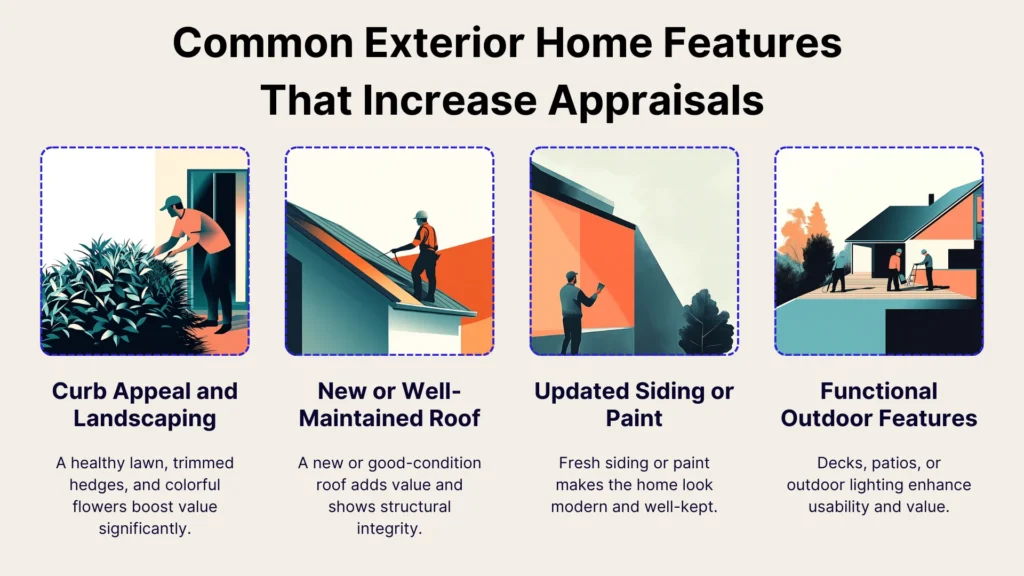 A graphic titled Common Exterior Home Features That Increase Appraisals shows four illustrations: curb appeal and landscaping, new roof, updated siding, and functional outdoor features. Each has a brief description emphasizing home value enhancement.