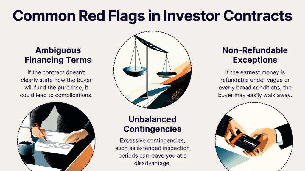 An infographic titled Common Red Flags in Investor Contracts featuring three sections: Ambiguous Financing Terms, Unbalanced Contingencies, and Non-Refundable Exceptions, each with illustrative graphics and brief explanatory text.