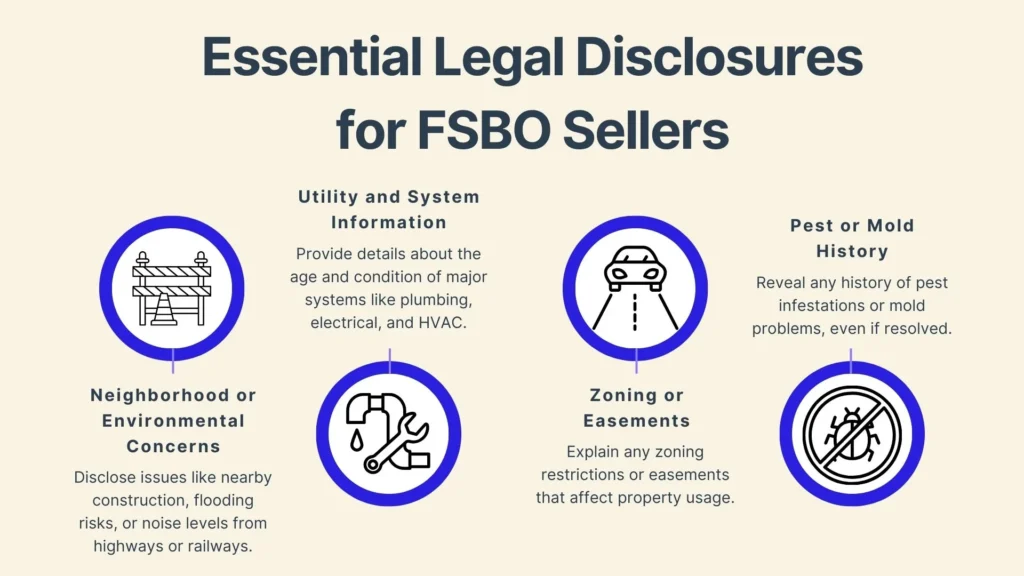 Infographic titled Essential Legal Disclosures for FSBO Sellers with four icons: neighborhood or environmental concerns, utility and system information, zoning or easements, and pest or mold history, each with a brief explanation below.