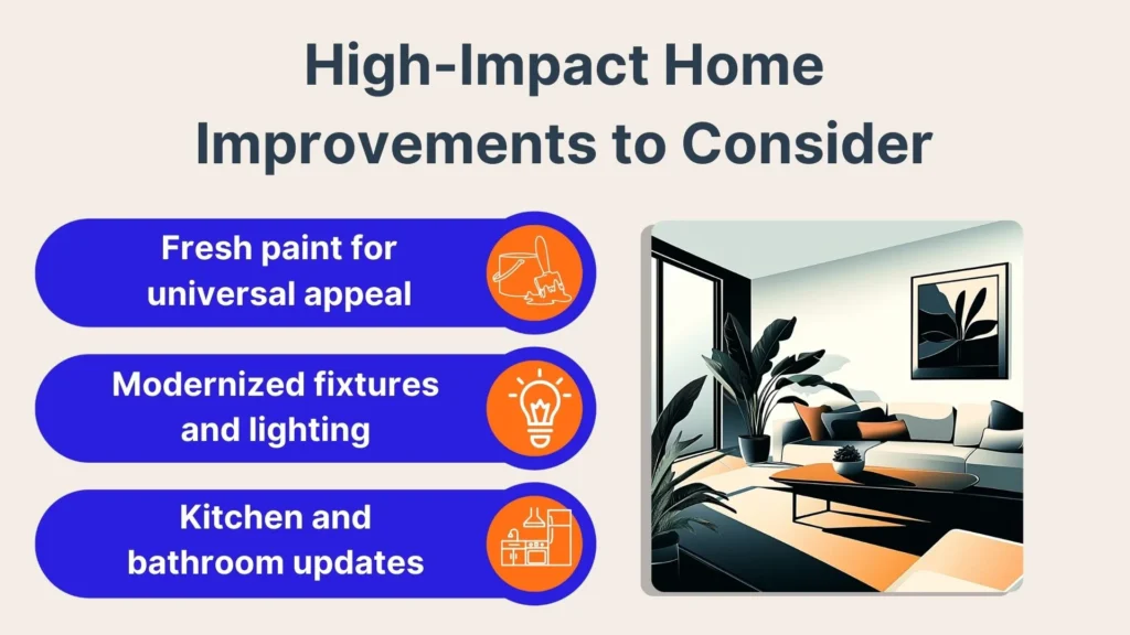Infographic titled High-Impact Home Improvements to Consider. Features three tips: Fresh paint for universal appeal, Modernized fixtures and lighting, and Kitchen and bathroom updates. Contains an illustration of a stylish living room.