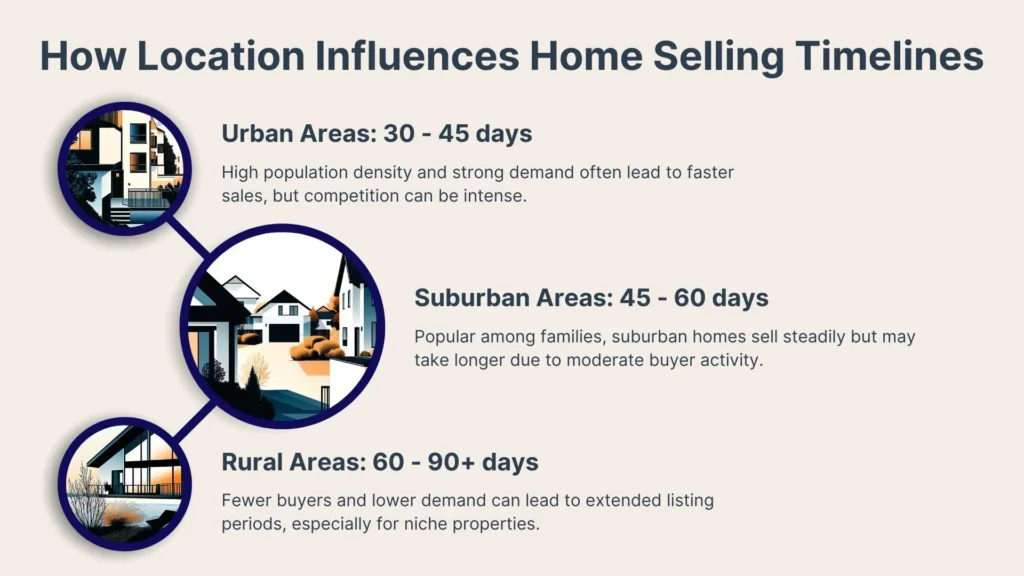 Infographic on home selling timelines. Urban areas: 30-45 days, suburban areas: 45-60 days, rural areas: 60-90+ days. Each category shows illustrations of homes and explains factors like demand and buyer activity.