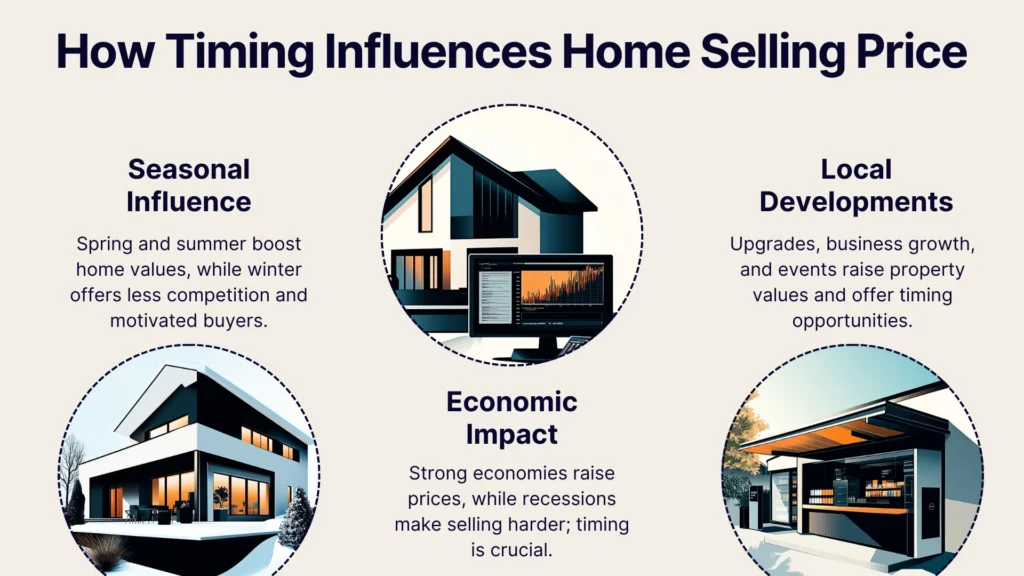 An infographic titled How Timing Influences Home Selling Price with four sections: Seasonal Influence, Economic Impact, Local Development, and illustrated houses. Each section briefly explains its impact on home selling prices.