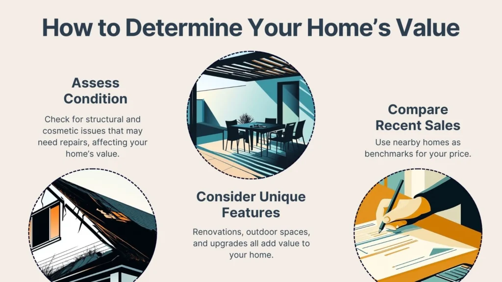 Illustration detailing how to determine a homes value, featuring three sections: assessing condition, considering unique features, and comparing recent sales. Each section has a related graphic and brief description, set against a light background.
