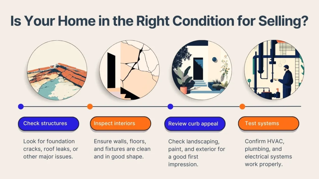 Illustration showing steps to prepare a home for sale: check structures (foundations and roofs), inspect interiors (walls and floors), review curb appeal (landscaping and paint), and test systems (HVAC and electrical).