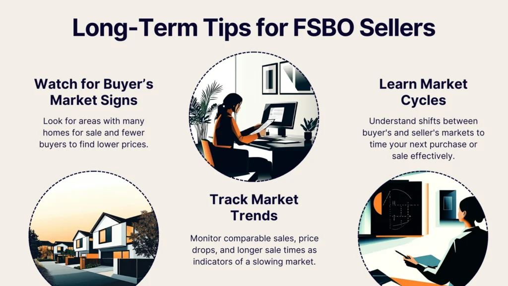 Infographic titled Long-Term Tips for FSBO Sellers with three sections: 1) Watch for Buyers Market Signs: House icons with price tags. 2) Track Market Trends: Person at a desk with charts. 3) Learn Market Cycles: Graphs showing market shifts.