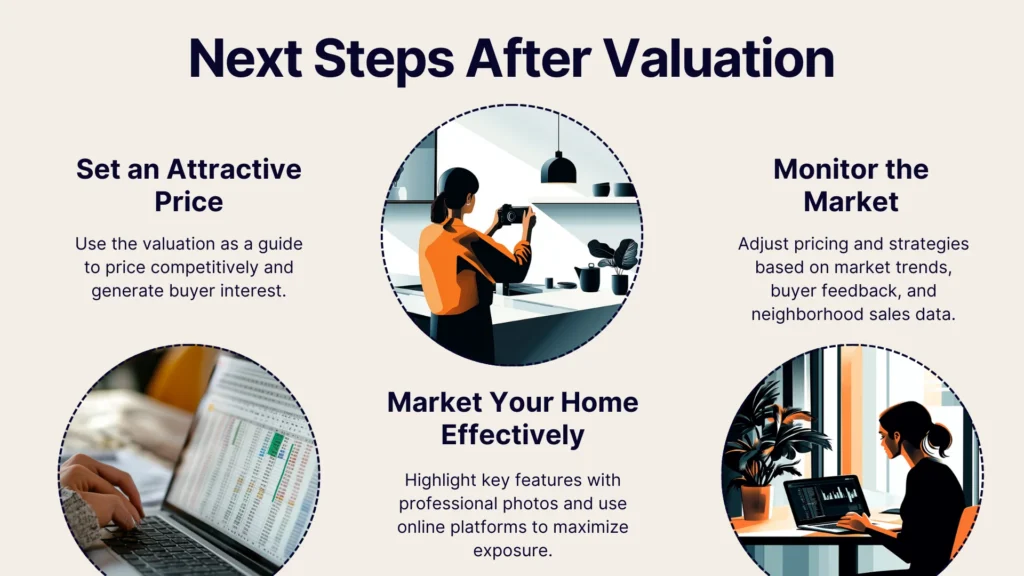 Next steps in home selling: Set an Attractive Price with data analysis, Market Your Home Effectively featuring a person taking photos, and Monitor the Market with online tools. Each section has a relevant illustration.