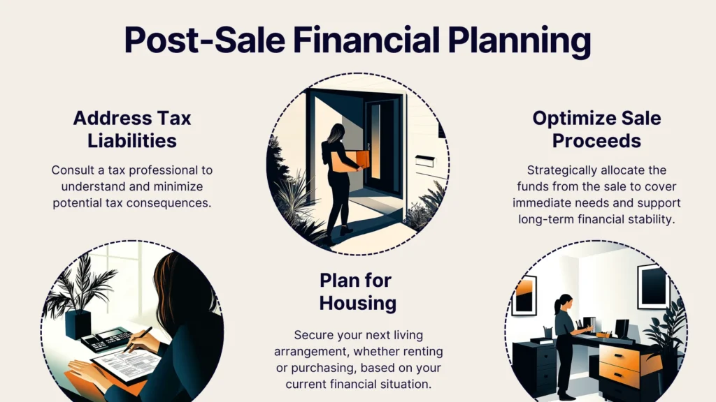 Image features three illustrated sections under the title Post-Sale Financial Planning. Each part includes an icon and text: Address Tax Liabilities, Plan for Housing, and Optimize Sale Proceeds, with corresponding visual representations.