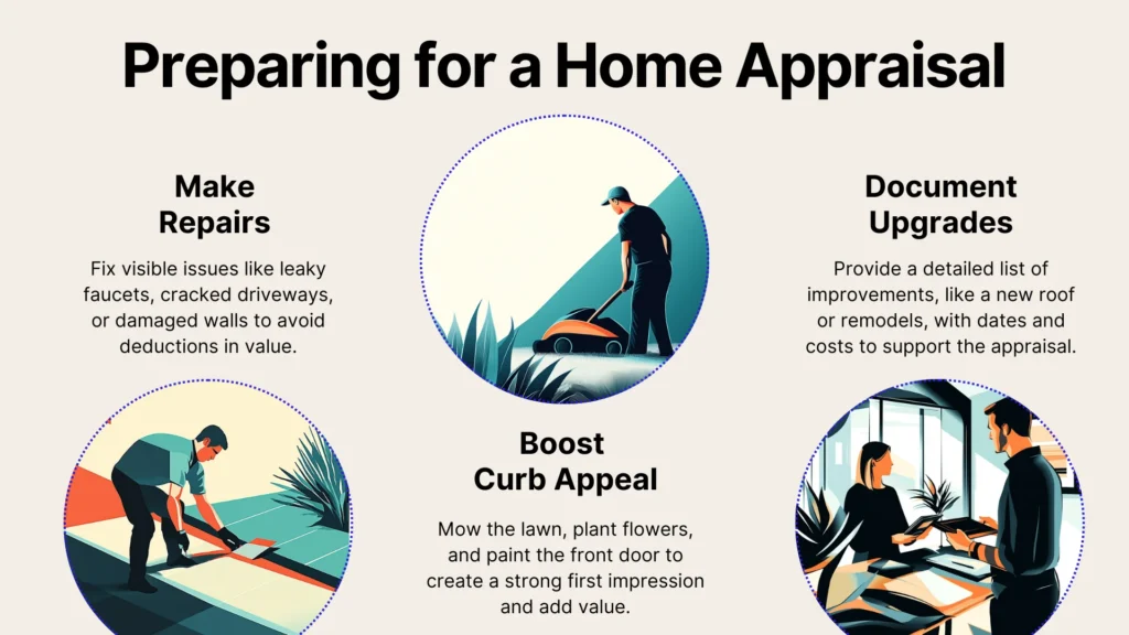 Three illustrated sections under Preparing for a Home Appraisal: 1) Make Repairs: Person fixing a faucet. 2) Boost Curb Appeal: Person mowing a lawn. 3) Document Upgrades: Two people discussing documents at a table.