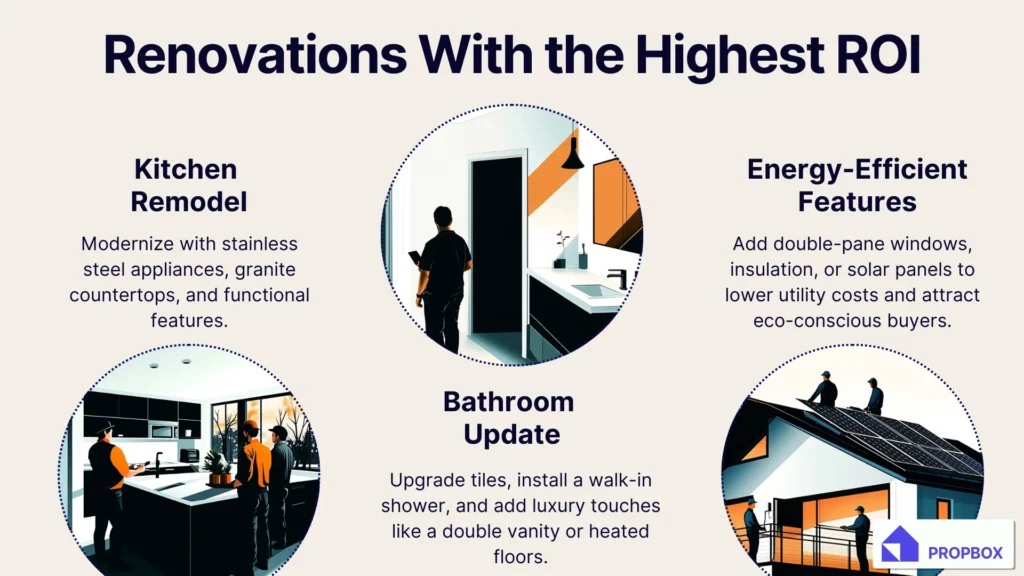 Infographic titled Renovations With the Highest ROI. Three sections: Kitchen Remodel with modern updates, Bathroom Update with luxury features, and Energy-Efficient Features with solar panels. Each section has a relevant illustration.