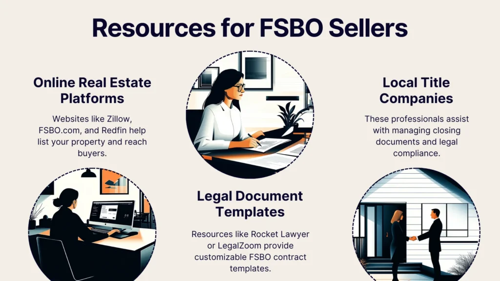 Illustrated infographic titled Resources for FSBO Sellers with sections: Online Real Estate Platforms, Legal Document Templates, and Local Title Companies. Features images of people working on computers and discussing documents.
