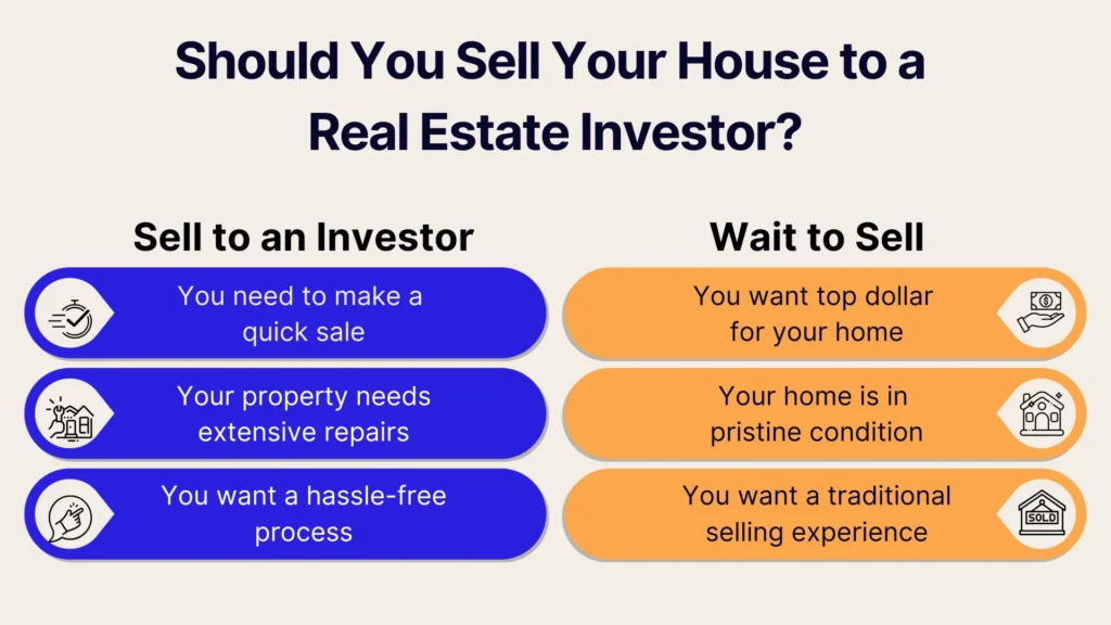 Infographic titled Should You Sell Your House to a Real Estate Investor? Features two columns: Sell to an Investor with points about quick sales and repairs, and Wait to Sell with points about seeking top dollar and having a pristine home.