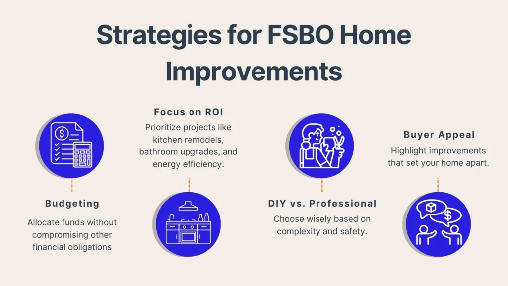 Infographic titled Strategies for FSBO Home Improvements featuring sections on Budgeting, Focus on ROI, DIY vs. Professional, and Buyer Appeal, each with simple icons and brief descriptions highlighting key points for effective home improvement strategies.