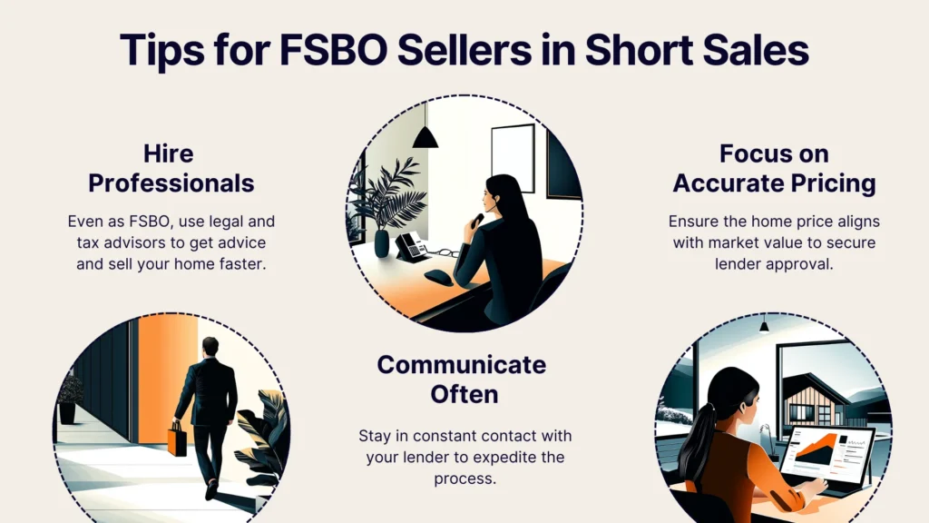 An infographic titled Tips for FSBO Sellers in Short Sales with illustrations: Hire Professionals, Communicate Often, and Focus on Accurate Pricing. Each tip features a person engaged in relevant activities like phone calls and meetings.
