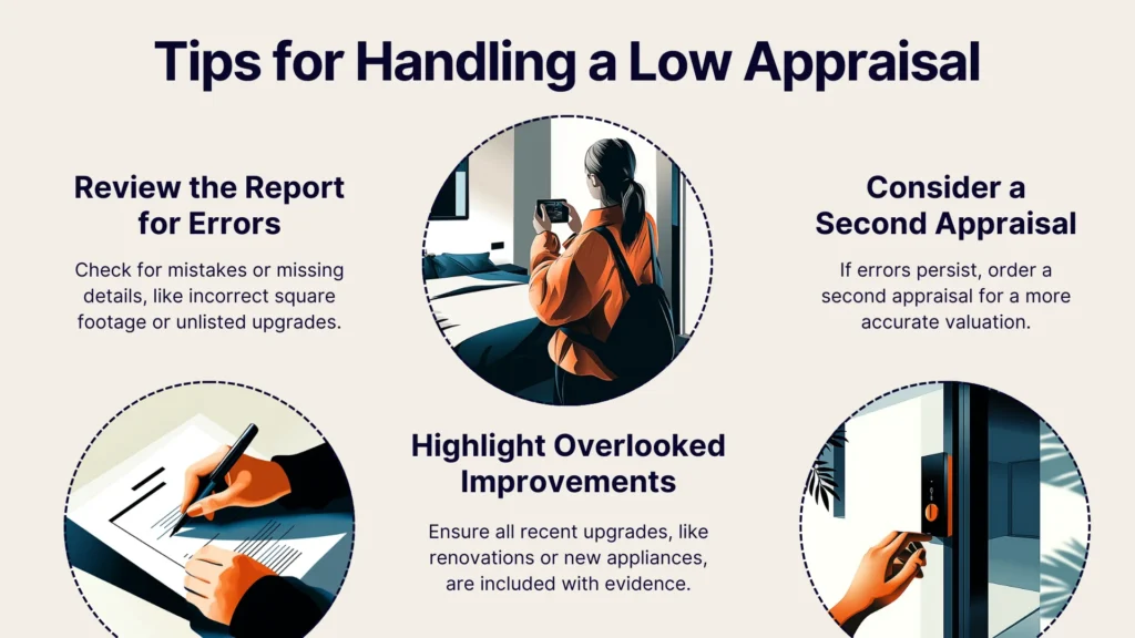 Illustration showing tips for handling a low home appraisal with four sections: Review the Report for Errors, Highlight Overlooked Improvements, and Consider a Second Appraisal. Each section includes images of people and related activities.
