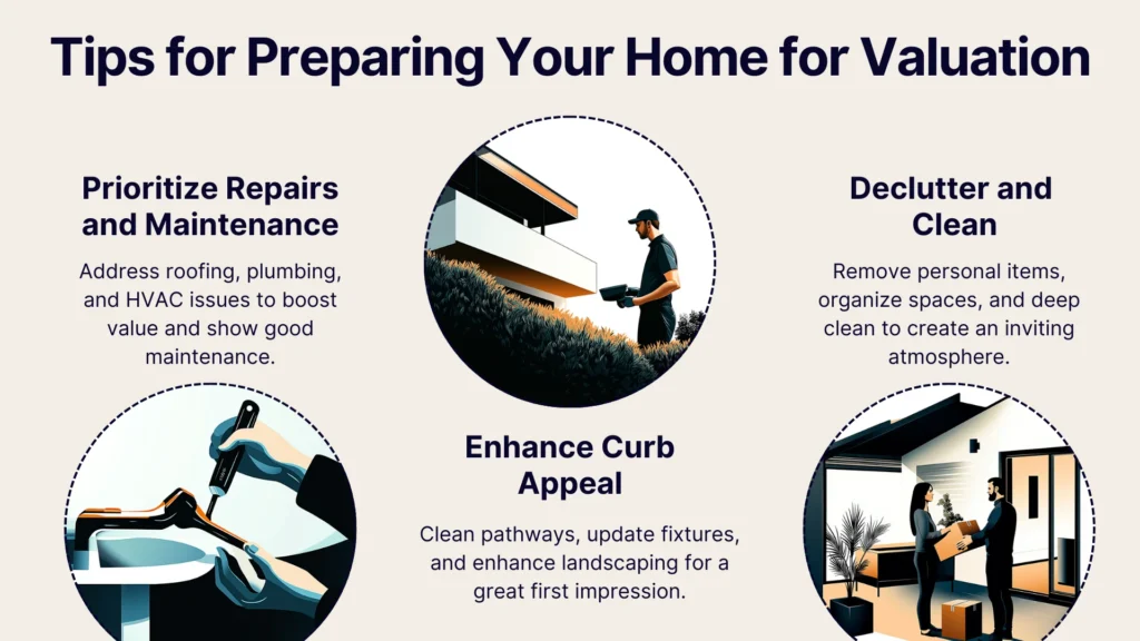 Infographic titled Tips for Preparing Your Home for Valuation with three circular images: 1) Prioritize Repairs shows a plumber fixing a pipe, 2) Enhance Curb Appeal shows a person trimming a bush, 3) Declutter and Clean shows a person organizing a room.
