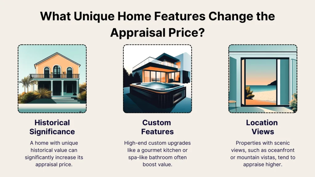 Three illustrated sections show unique home features affecting appraisal prices. The first is a historically significant home, the second a modern house with custom features like a gourmet kitchen, and the third features scenic location views of mountains or water.