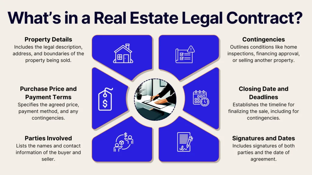 Infographic titled Whats in a Real Estate Legal Contract? showing five sections: Property Details, Contingencies, Closing Date and Deadlines, Signatures and Dates, and Purchase Price and Payment Terms. Central section shows two people signing a document.