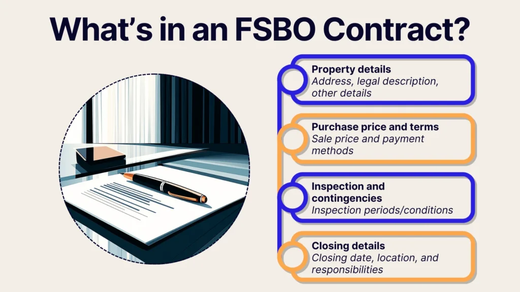 Illustration of an FSBO contract with a clipboard, pen, and papers on a table. A list includes property details, purchase price and terms, inspection and contingencies, and closing details, each with brief descriptions.