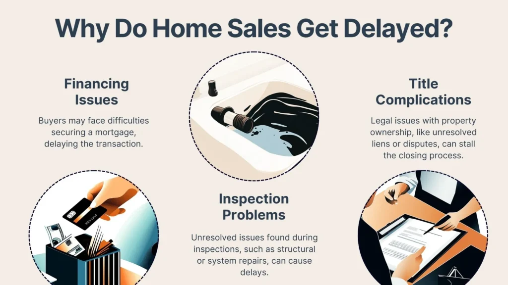Illustration depicting reasons for home sale delays: Financing Issues with a person reviewing paperwork, Inspection Problems with a leaky pipe, and Title Complications with a person checking documents. Each section has explanatory text.