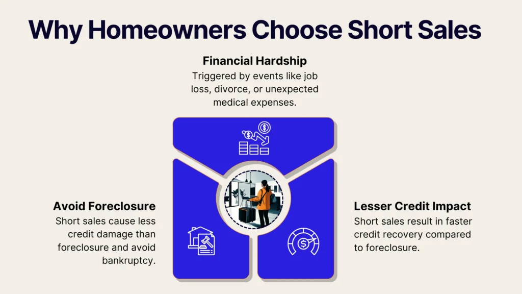 Infographic titled Why Homeowners Choose Short Sales with three sections: Financial Hardship showing icons for job loss and medical expenses, Avoid Foreclosure depicting a house, and Lesser Credit Impact with a credit score gauge.