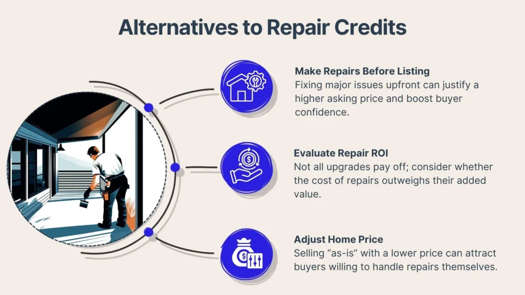 Infographic titled Alternatives to Repair Credits with illustrations and tips: make repairs before listing, evaluate repair ROI, and adjust home price. At left, a person repairs a wall with tools.