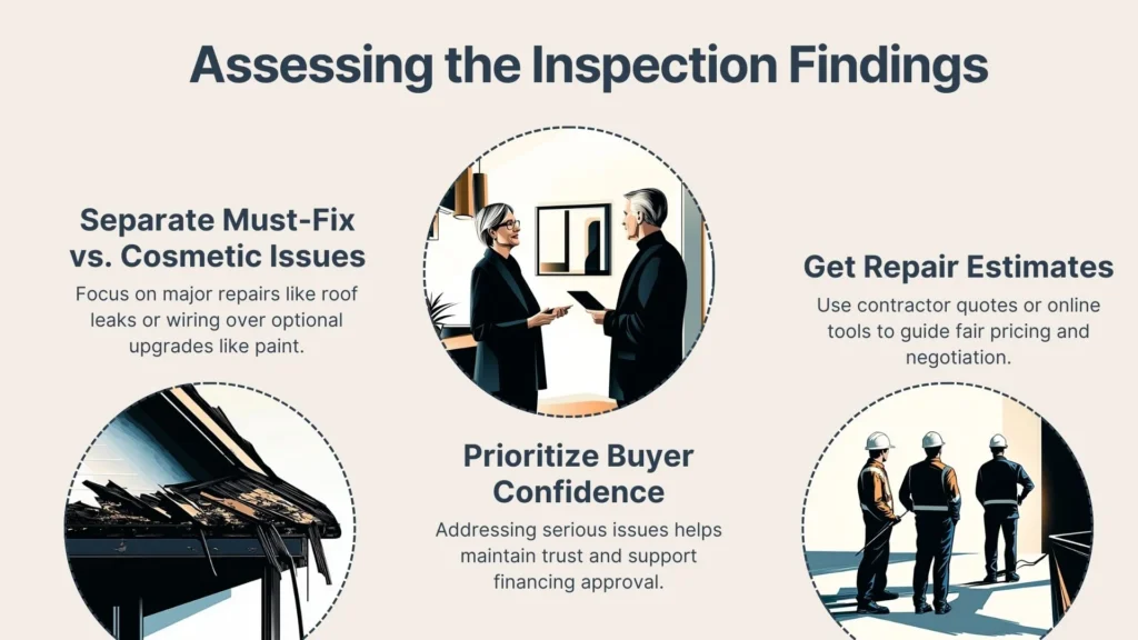 An infographic titled Assessing the Inspection Findings shows three tips: Separate must-fix vs. cosmetic issues, prioritize buyer confidence, and get repair estimates, each with related illustrations of people and homes.