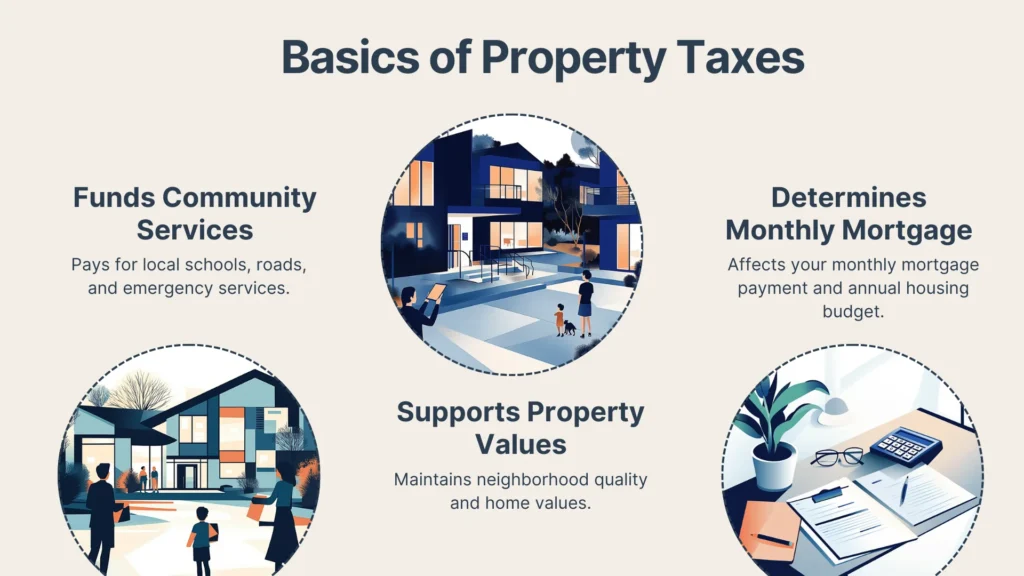 Infographic titled “Basics of Property Taxes” with three circular illustrations showing: funding community services, supporting property values, and affecting monthly mortgage, each with brief explanations and related images.