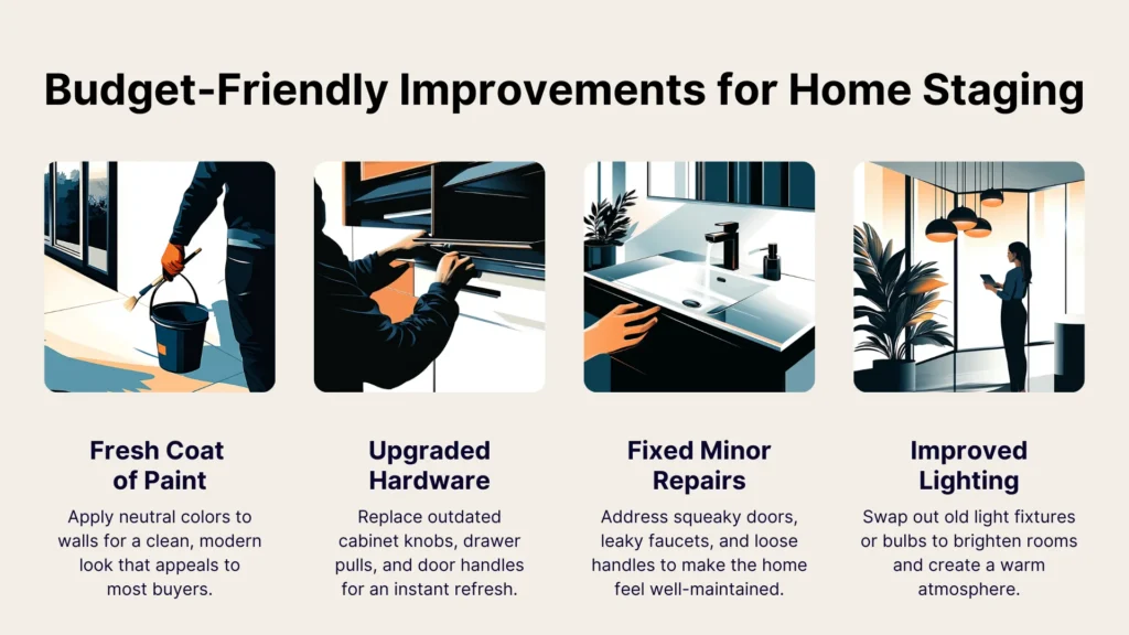 Four illustrated panels show home improvement tips: painting a wall, upgrading cabinet hardware, fixing a faucet, and changing lighting. Each tip is described for budget-friendly home staging.
