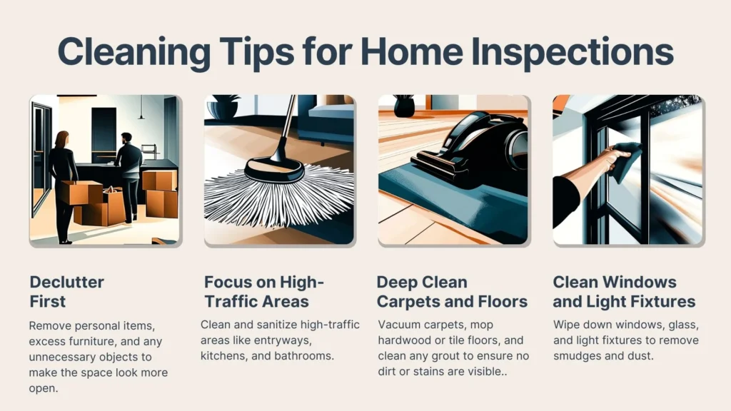 An infographic titled Cleaning Tips for Home Inspections with four illustrated sections: Declutter First, Focus on High-Traffic Areas, Deep Clean Carpets and Floors, and Clean Windows and Light Fixtures, each with brief cleaning advice.