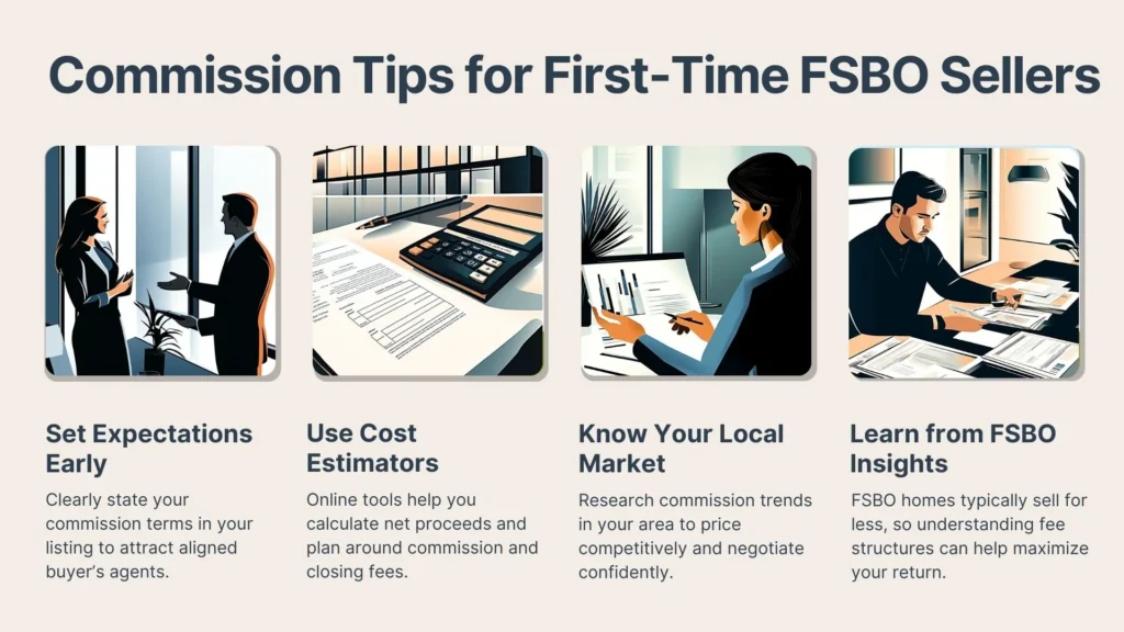 An infographic titled Commission Tips for First-Time FSBO Sellers with four illustrated panels and brief tips: set expectations early, use cost estimators, know your local market, and learn from FSBO insights.