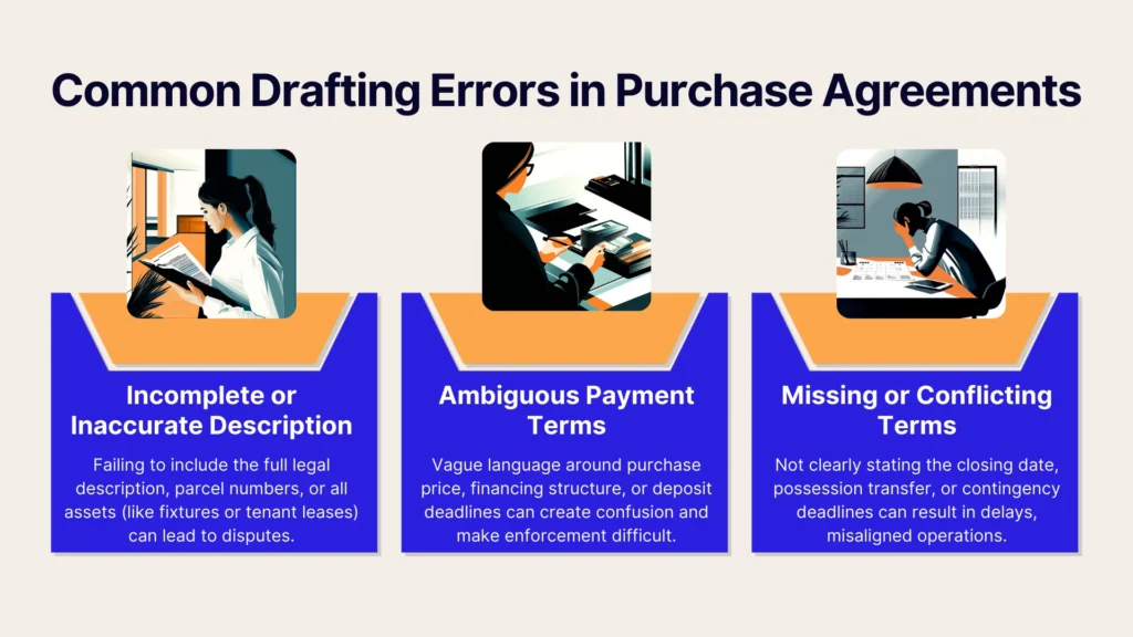 An infographic titled Common Drafting Errors in Purchase Agreements with three sections: Incomplete or Inaccurate Description, Ambiguous Payment Terms, and Missing or Conflicting Terms, each with a brief explanation and illustrated icons.