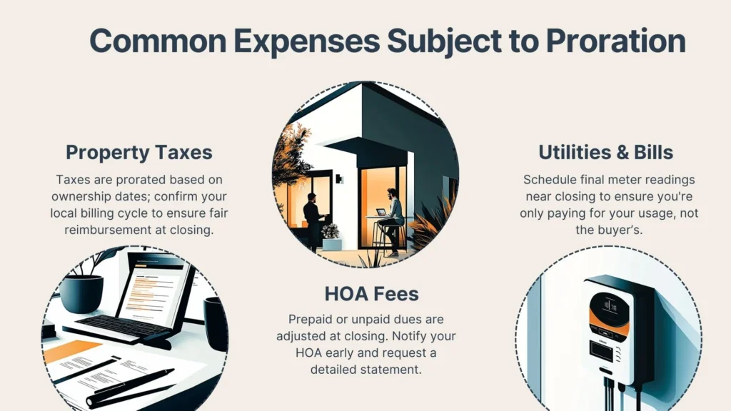 An infographic titled Common Expenses Subject to Proration lists Property Taxes, HOA Fees, and Utilities & Bills, each with an illustration and brief descriptions about ensuring fair adjustment at closing.