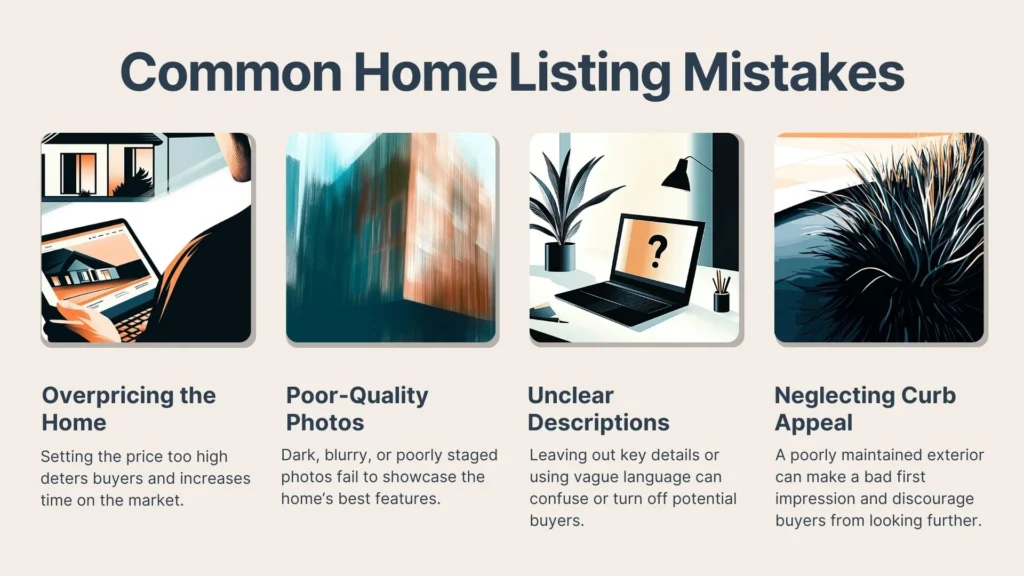 A graphic titled Common Home Listing Mistakes with four illustrated panels: Overpricing the Home, Poor-Quality Photos, Unclear Descriptions, and Neglecting Curb Appeal, each with an icon and brief explanation.