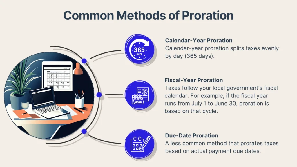 An infographic describing common methods of proration: Calendar-Year Proration, Fiscal-Year Proration, and Due-Date Proration, with icons and a desk illustration on the left.