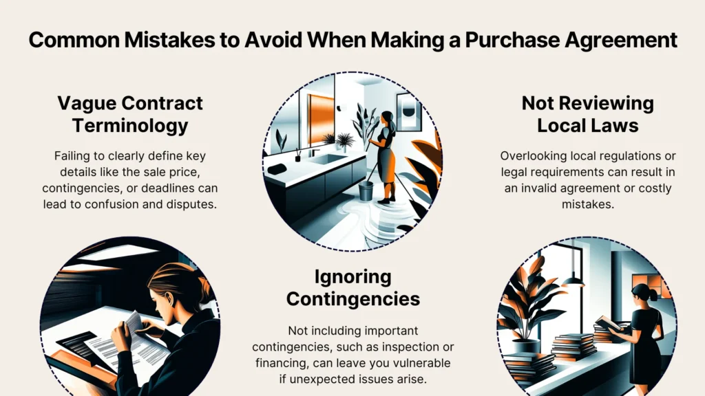 Infographic titled Common Mistakes to Avoid When Making a Purchase Agreement, showing three sections: vague contract terminology, ignoring contingencies, and not reviewing local laws, each with an illustrated person and a brief description.
