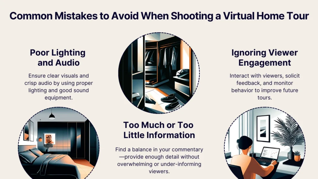 An infographic titled Common Mistakes to Avoid When Shooting a Virtual Home Tour with three sections: Poor Lighting and Audio, Too Much or Too Little Information, and Ignoring Viewer Engagement, each with an illustration.
