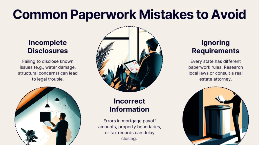 An infographic titled Common Paperwork Mistakes to Avoid shows three illustrated sections: Incomplete Disclosures, Incorrect Information, and Ignoring Requirements, each with themed graphics and brief descriptions.